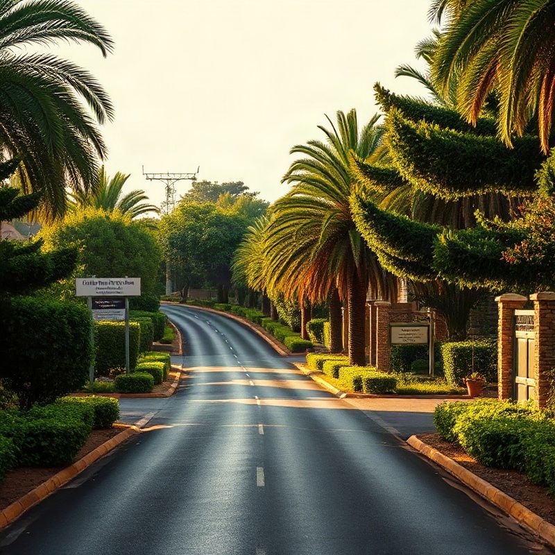 Well-maintained residential street in Kakamega lined with tropical foliage