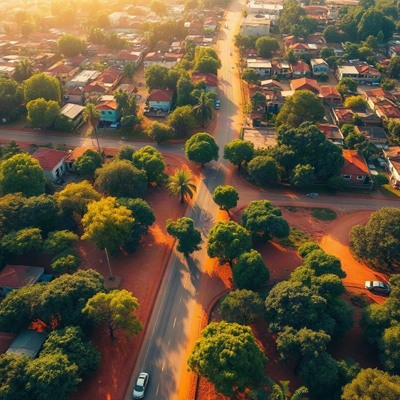 Aerial view of Kakamega with red-soil roads winding through green canopy